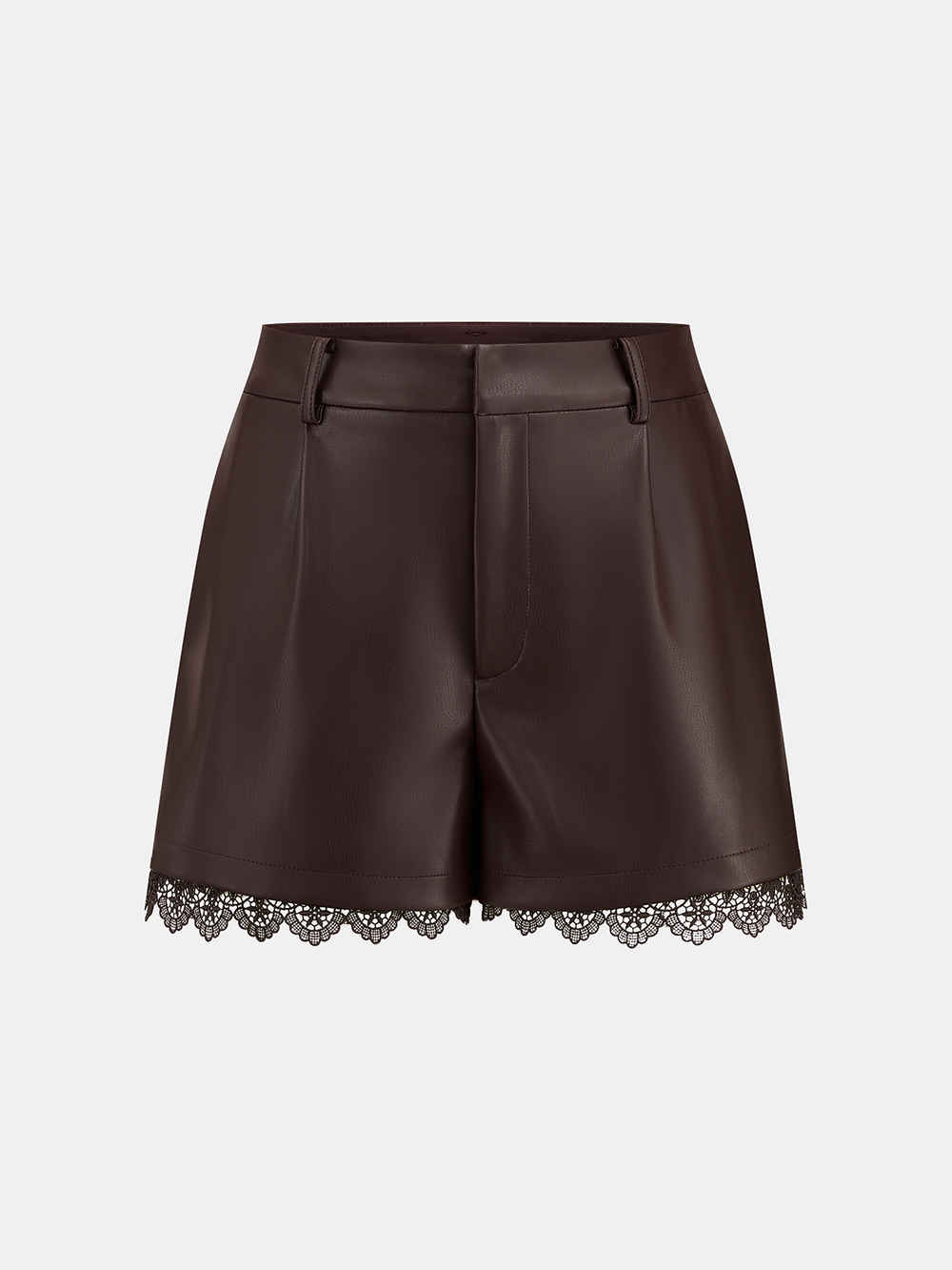 Faux Leather Lace Trim Shorts — women's shorts, back view