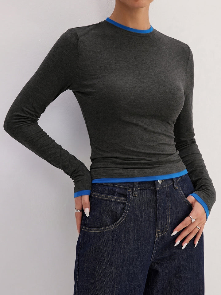 Contrast Trim Fake Two Piece Long Sleeve Top