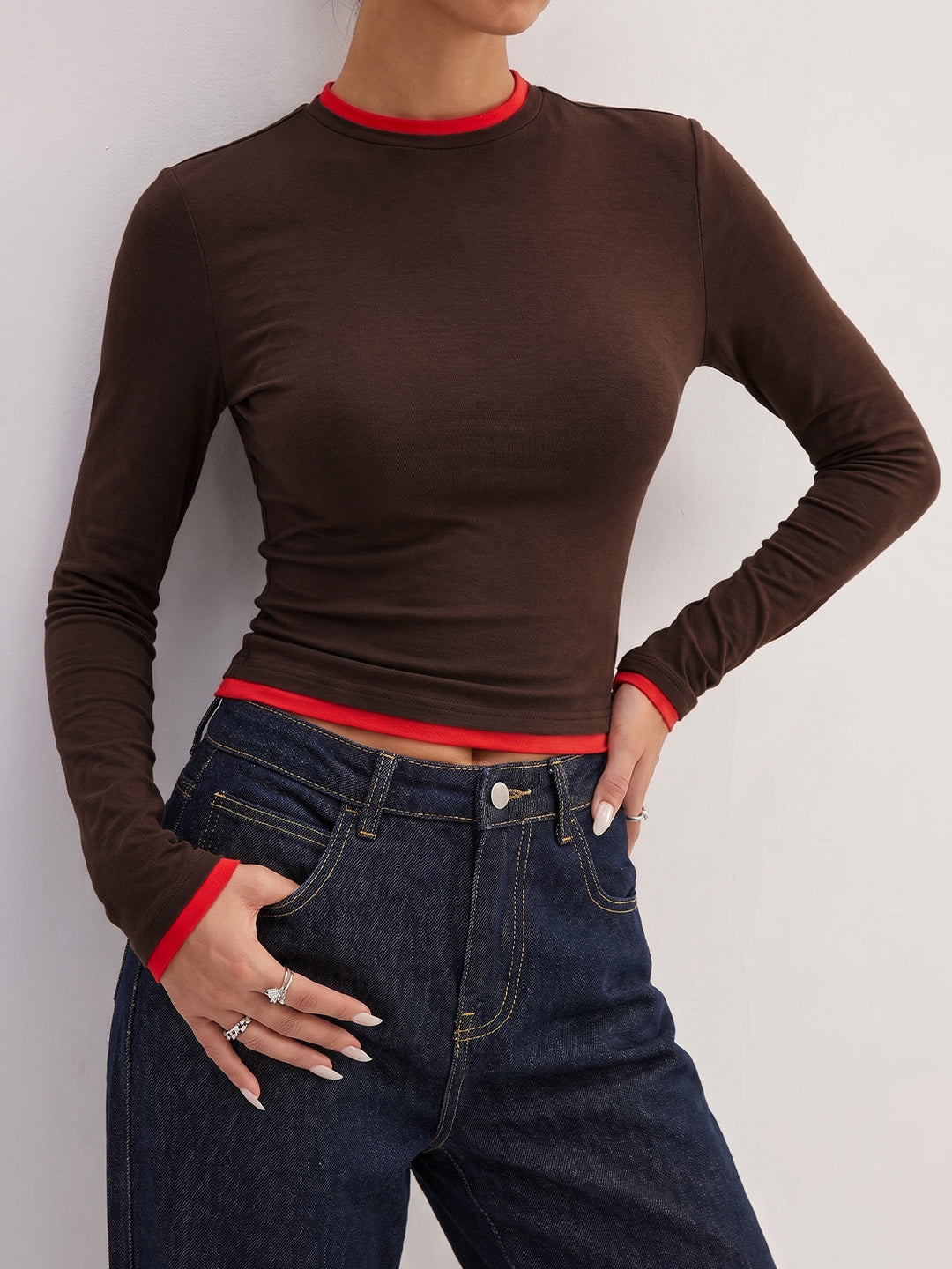 Contrast Trim Fake Two Piece Long Sleeve Top