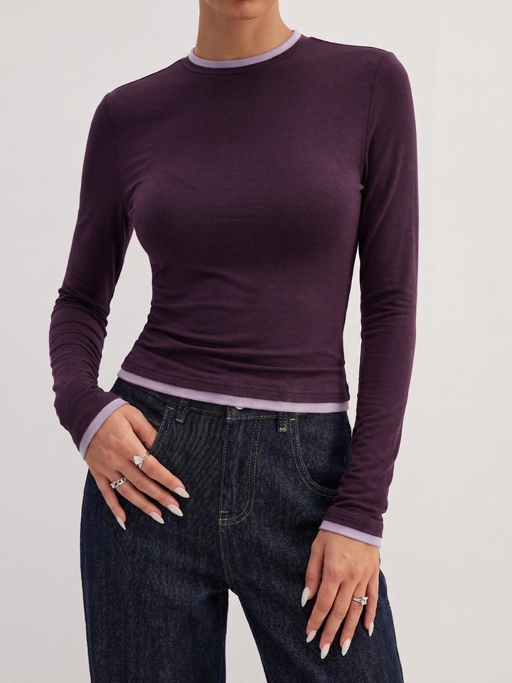 Contrast Trim Fake Two Piece Long Sleeve Top