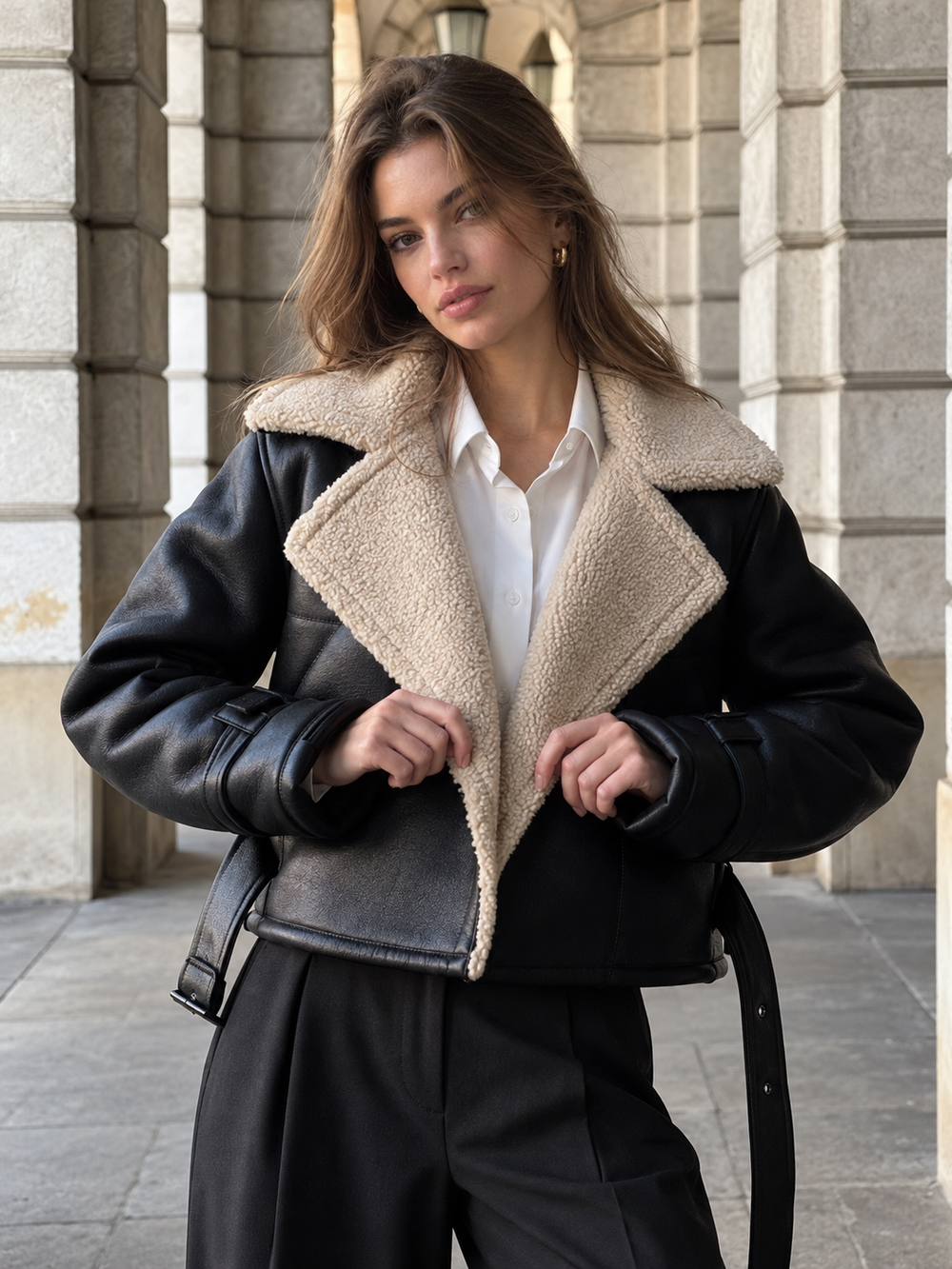 Too Blessed Sherpa Lined Shearling Leather Flight Jacket — women's fleece jackets, back view