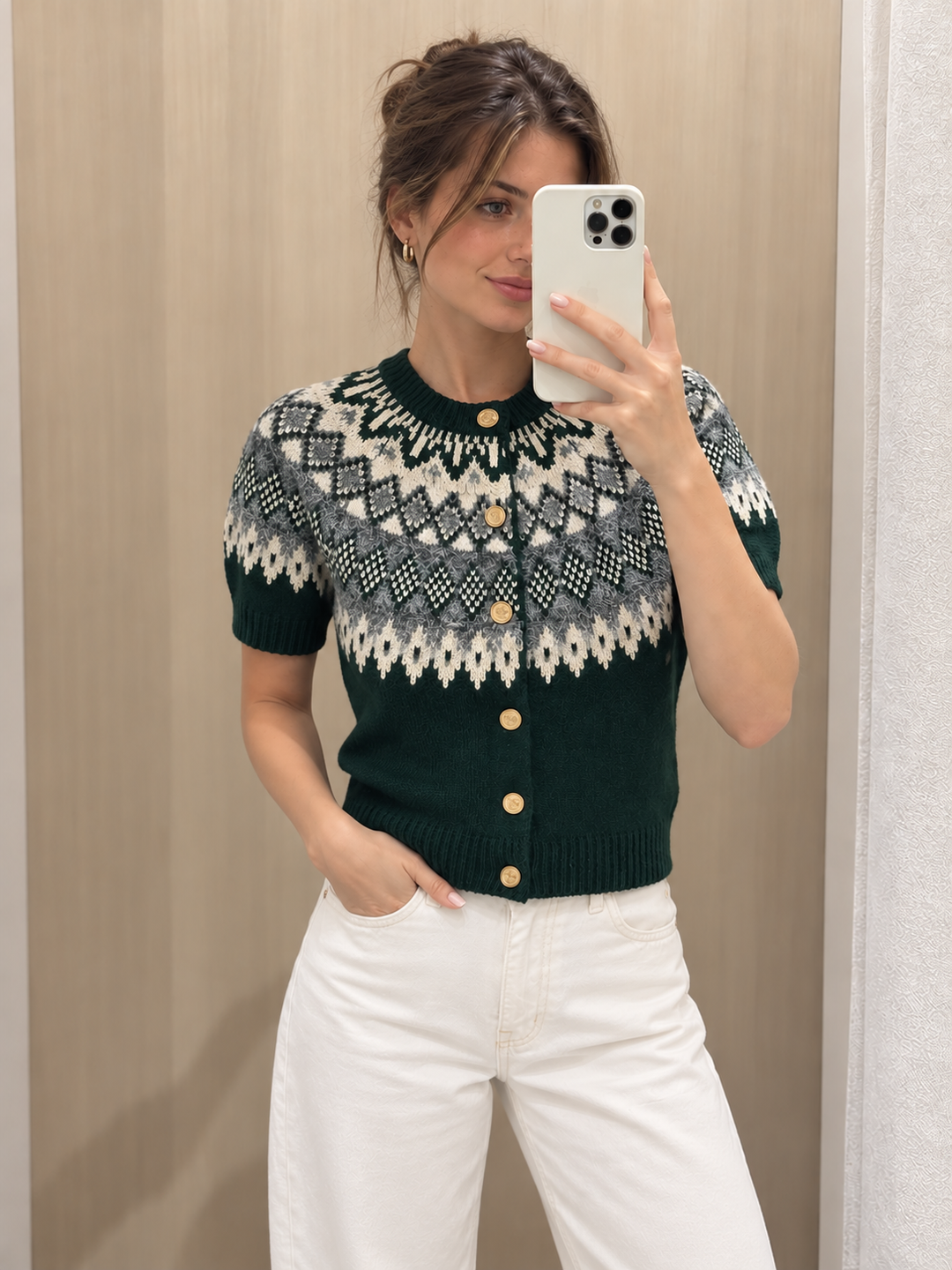 Cashmere-Blend Fair Isle Short-Sleeve Cardigan — women's cardigans, front view