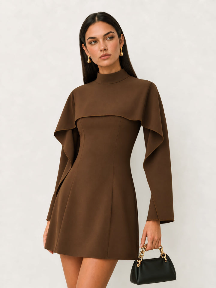 Stand Collar Cape‑Ruffle A‑Line Dress