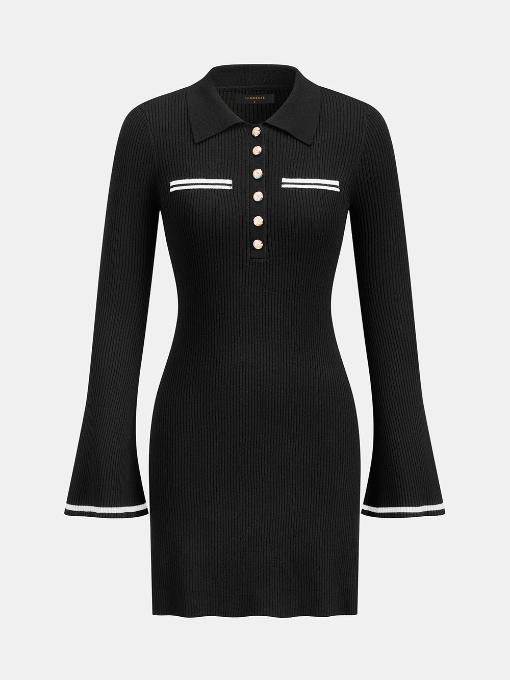 Polo Collar Contrast Trim Flare‑Sleeve Knit Dress — women's sweater dresses, back view