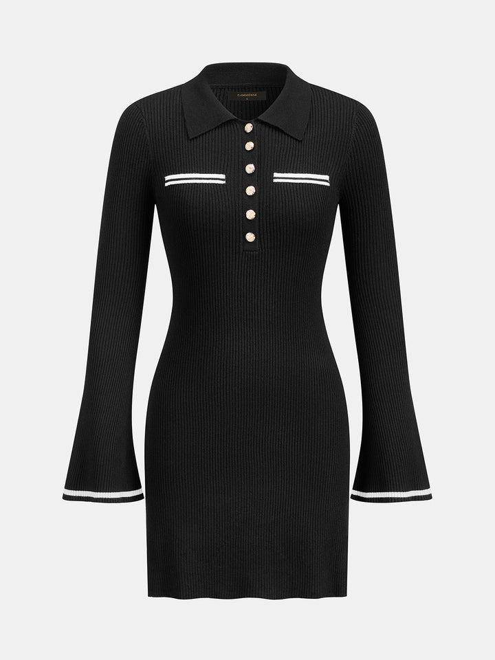 Polo Collar Contrast Trim Flare‑Sleeve Knit Dress