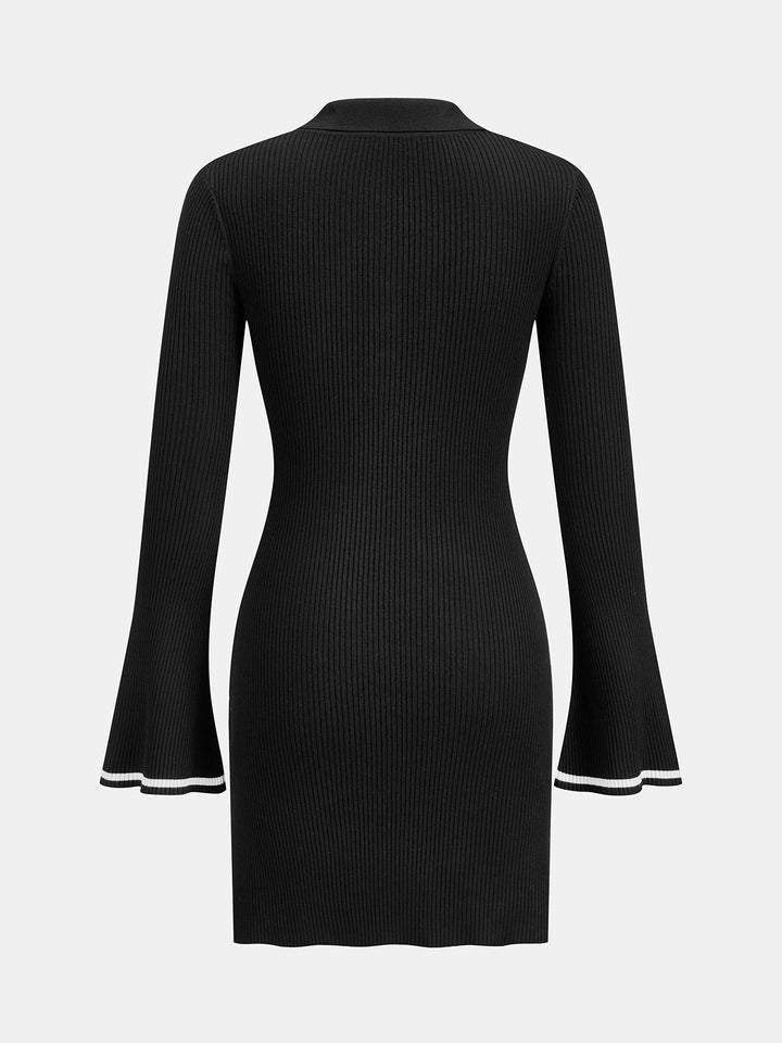Polo Collar Contrast Trim Flare‑Sleeve Knit Dress