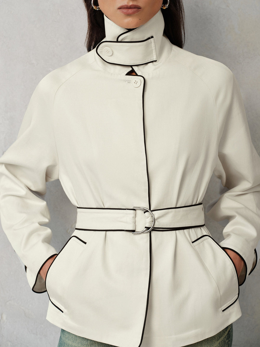 Contrast Piping Belted Short Trench