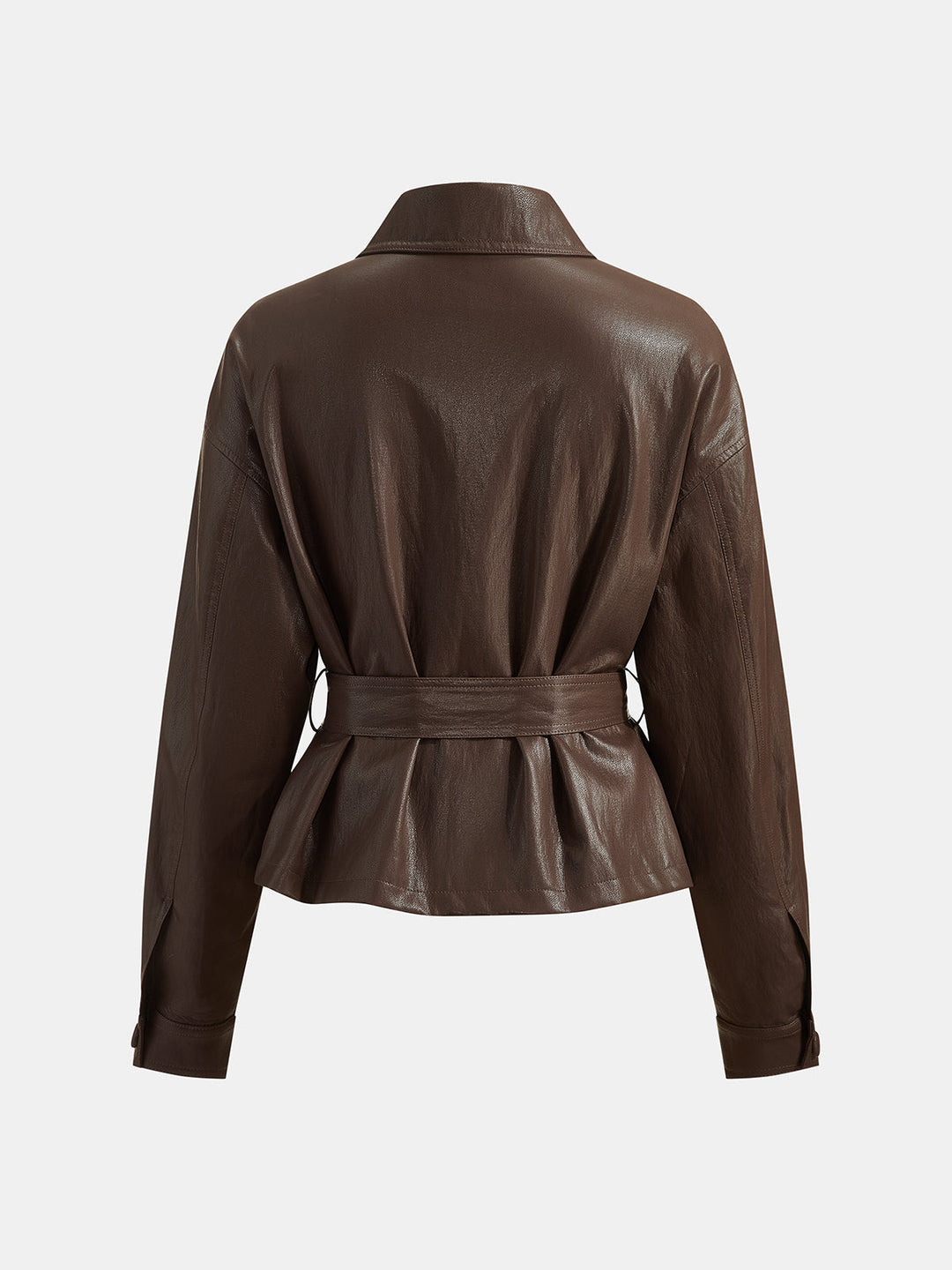 Back view of the belted faux leather jacket with tie belt across the waist