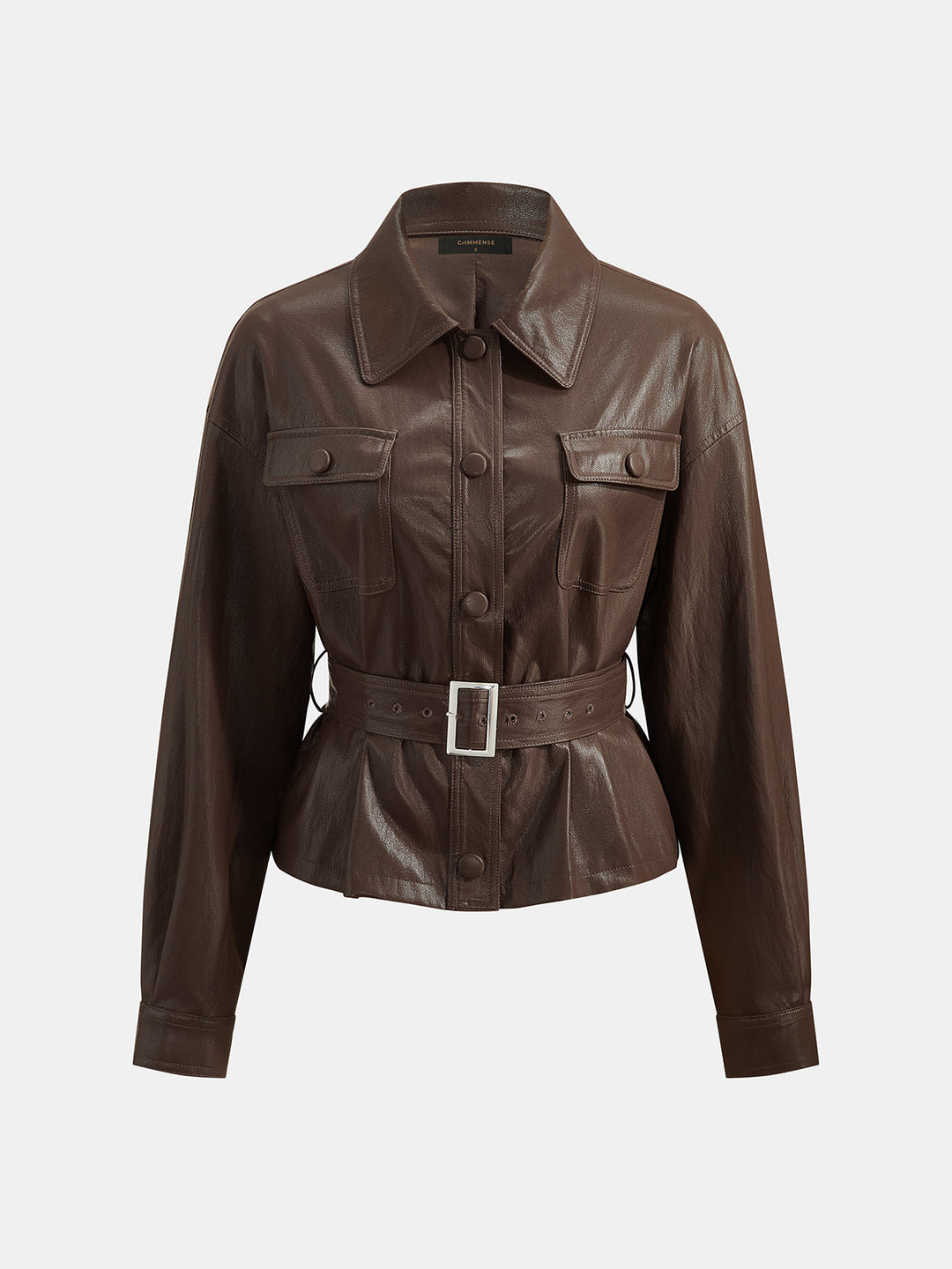 Angled product shot of the brown utility jacket showing point collar and buckle belt