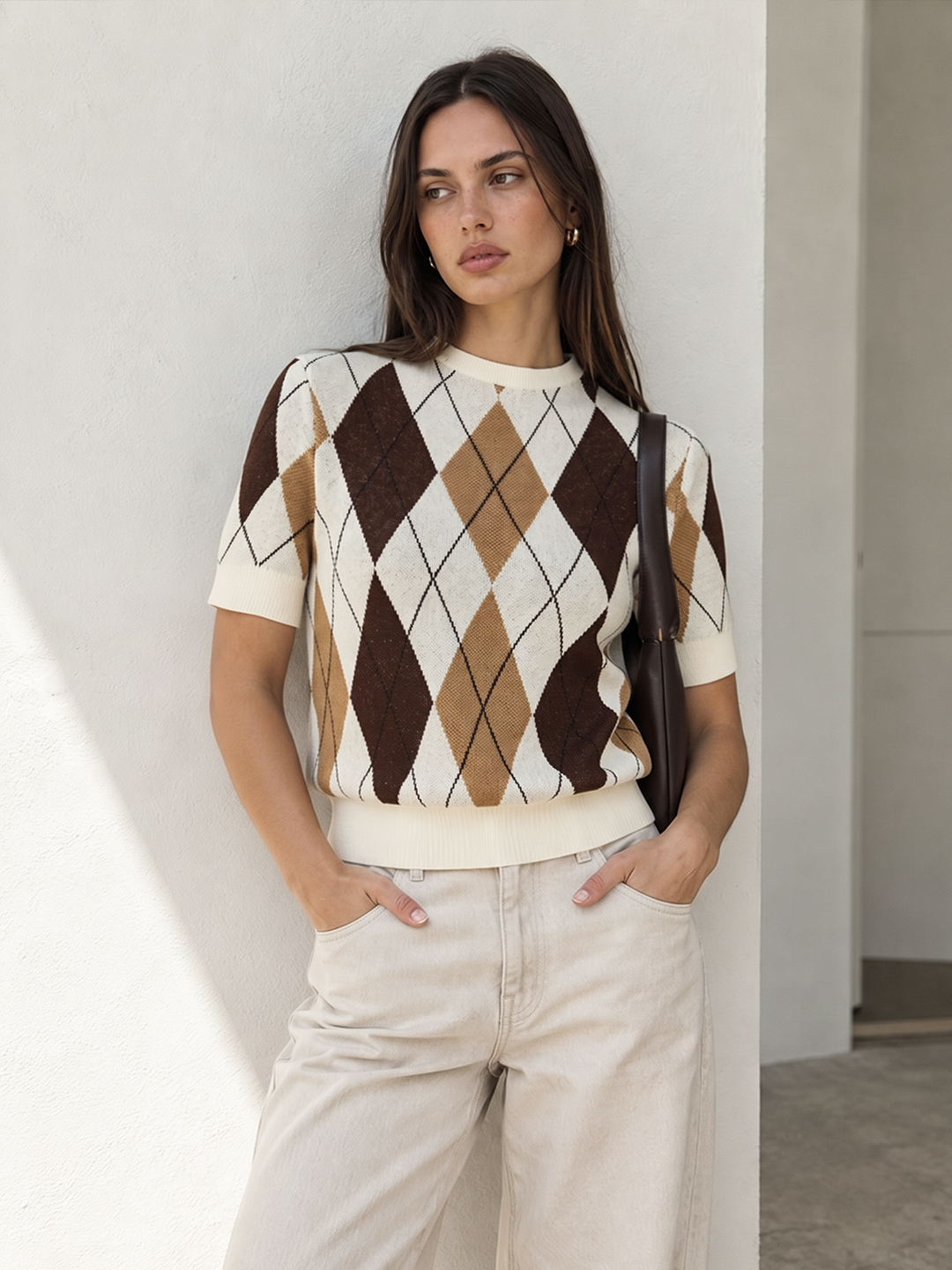 Color‑Block Argyle Short Sleeve Knit Sweater