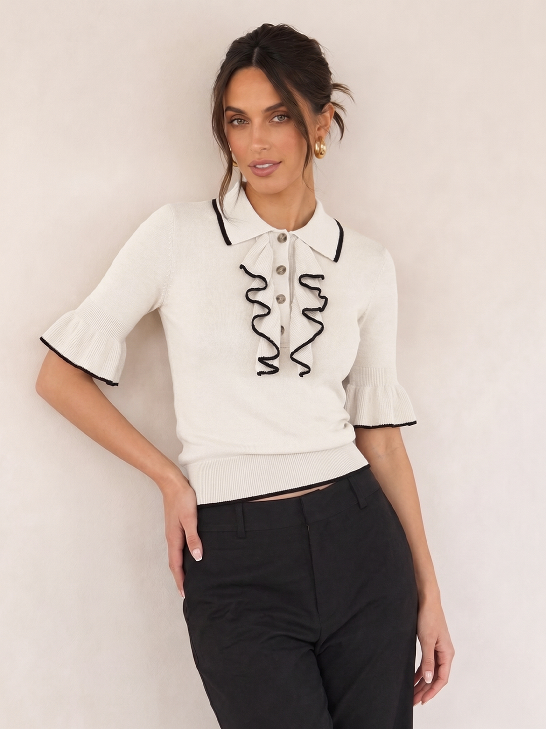 Contrast Trim Ruffle Knit Top - women's knit top, styled with heels
