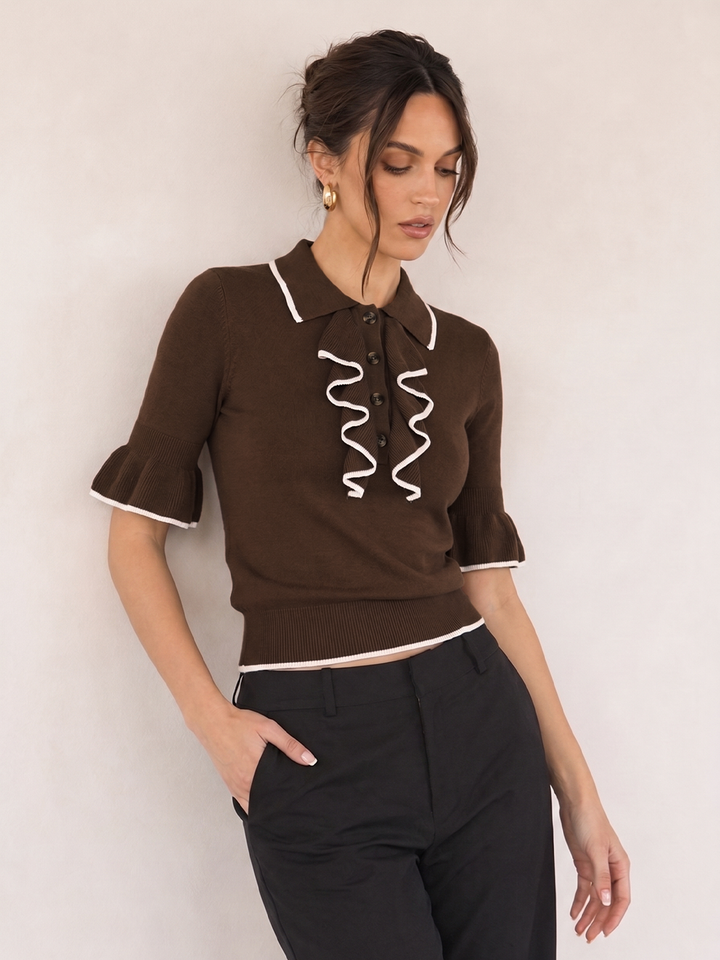 Contrast Trim Ruffle Knit Top