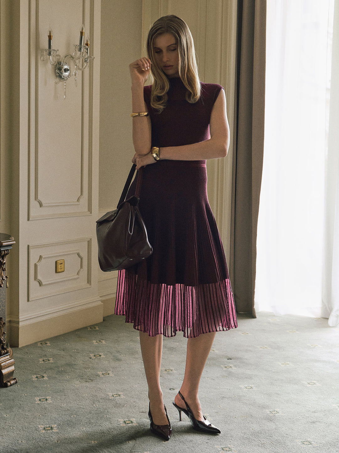 Sheer Hem Sleeveless Ribbed Knit Dress