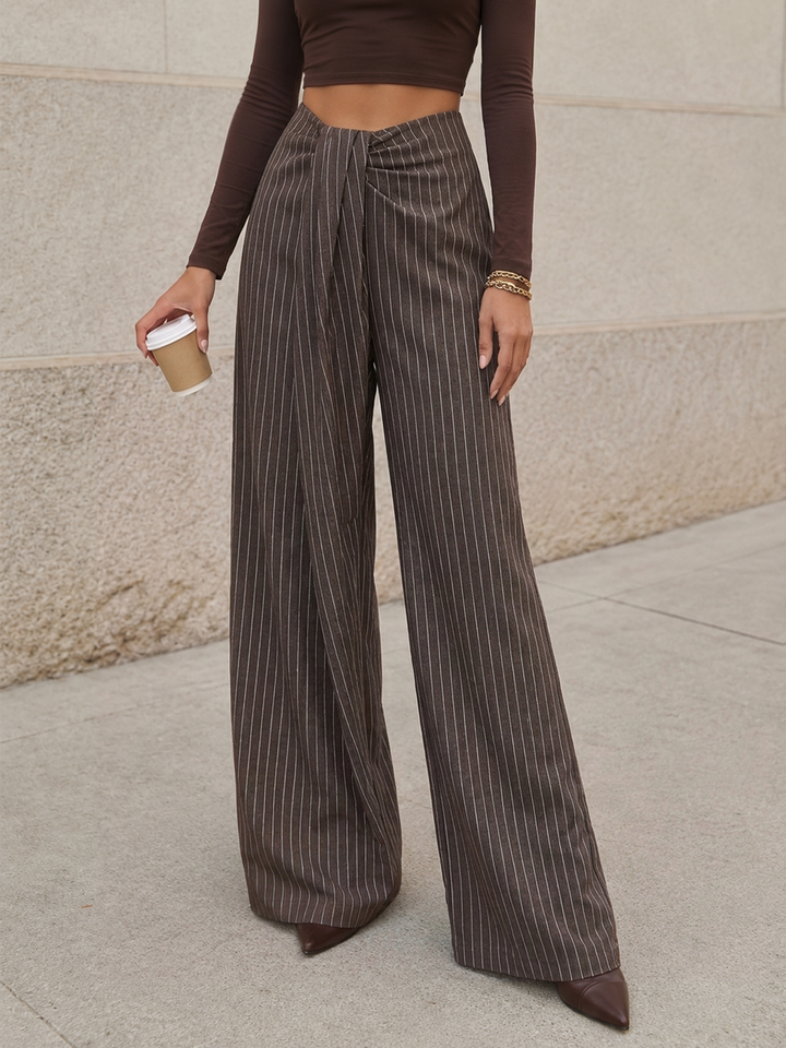 Twisted Waist Pinstripe Wide Leg Pants - women's trousers, front view