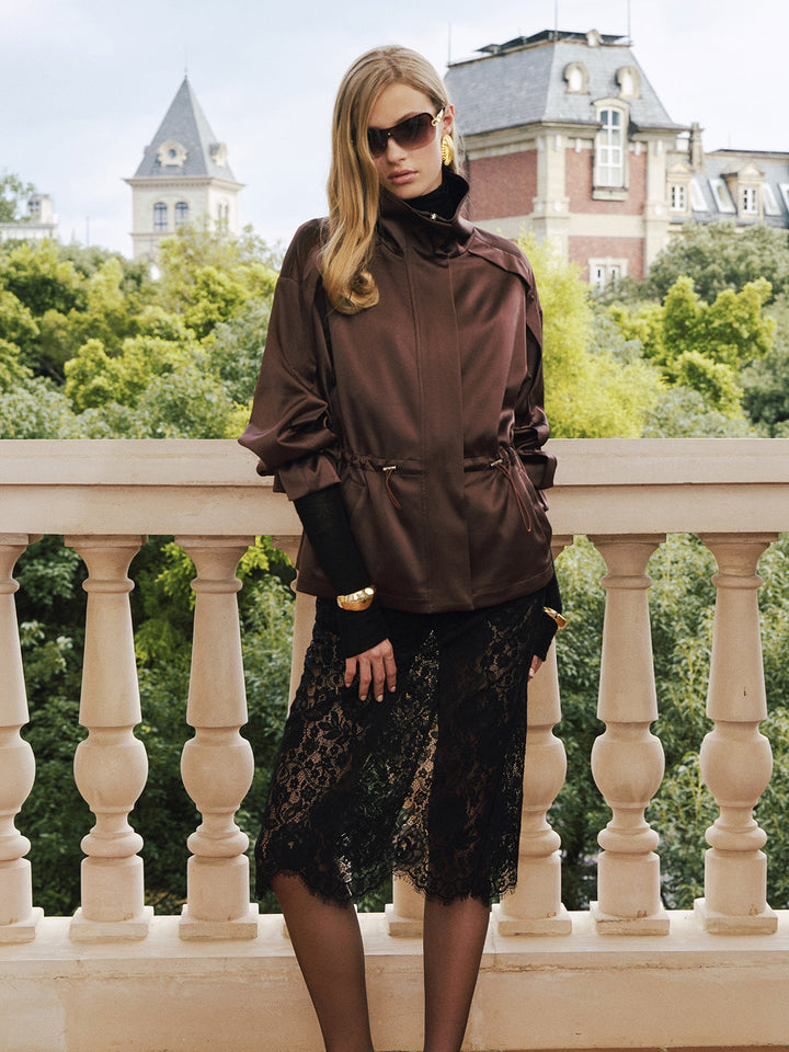 Satin Drawstring Stand Collar Jacket