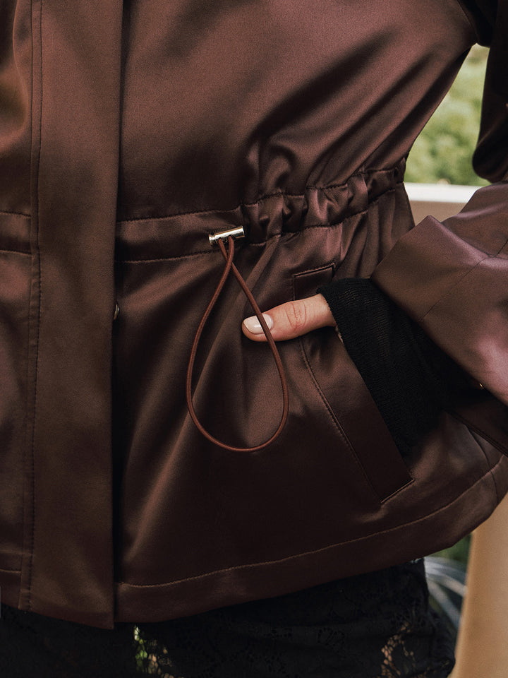 Satin Drawstring Stand Collar Jacket
