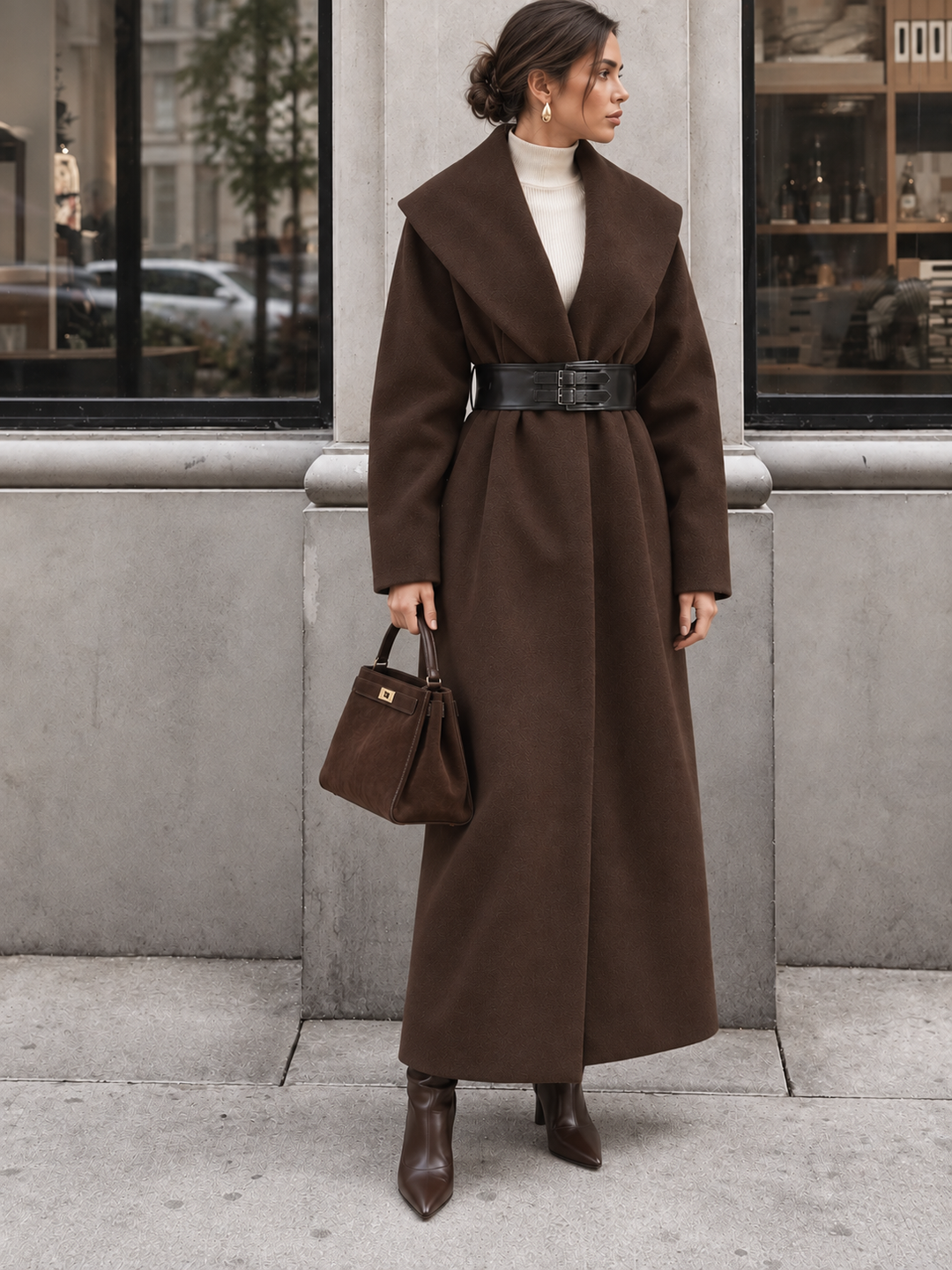 Oversized Collar Tweed Long Coat with Wide Belt - women's wool-blend coat, back view