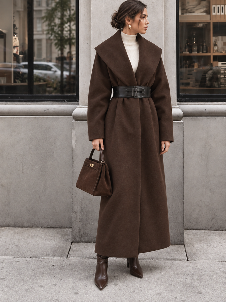 Oversized Collar Tweed Long Coat with Wide Belt - women's wool-blend coat, back view