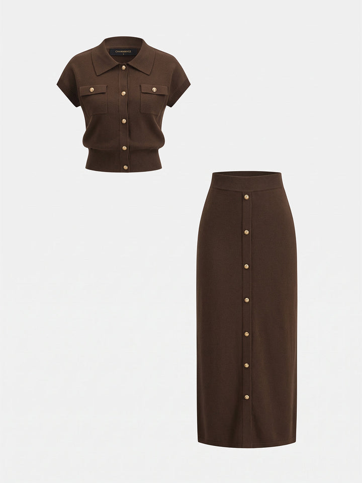 Metal Button Knit Two Piece Skirt Set - women's two-piece skirt set, model wearing it, three-quarter view