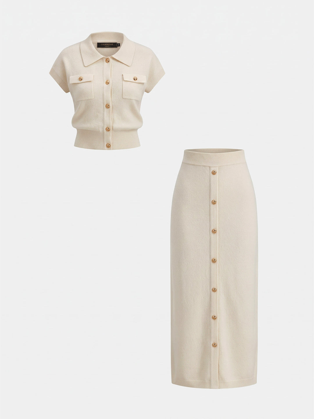 Metal Button Knit Two Piece Skirt Set - women's two-piece skirt set, waist detail