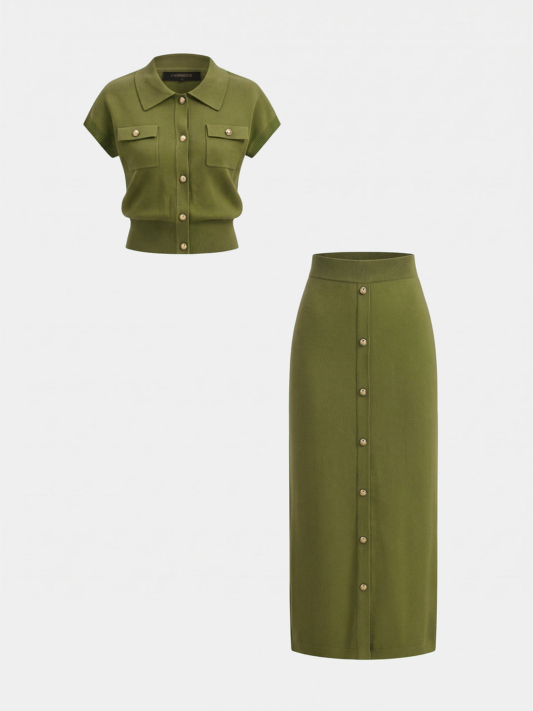 Metal Button Knit Two Piece Skirt Set - women's two-piece skirt set, styled with heels