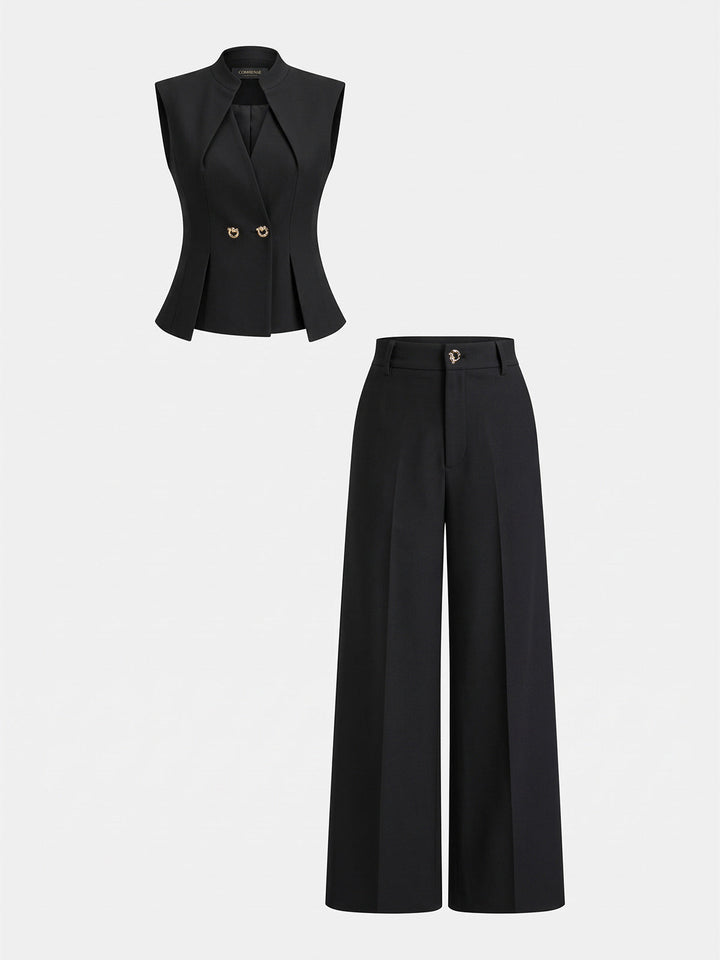 Structured Stand Collar Vest & Pants Set - women's two-piece trouser set, styled with heels