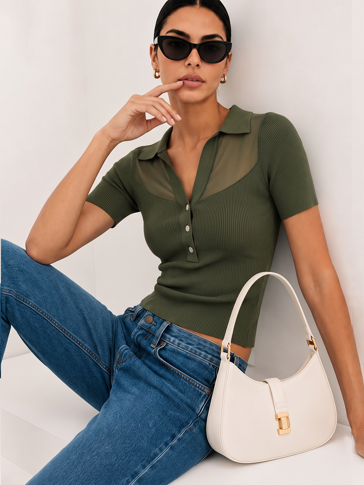 Polo Collar Sheer Panel Knit Top
