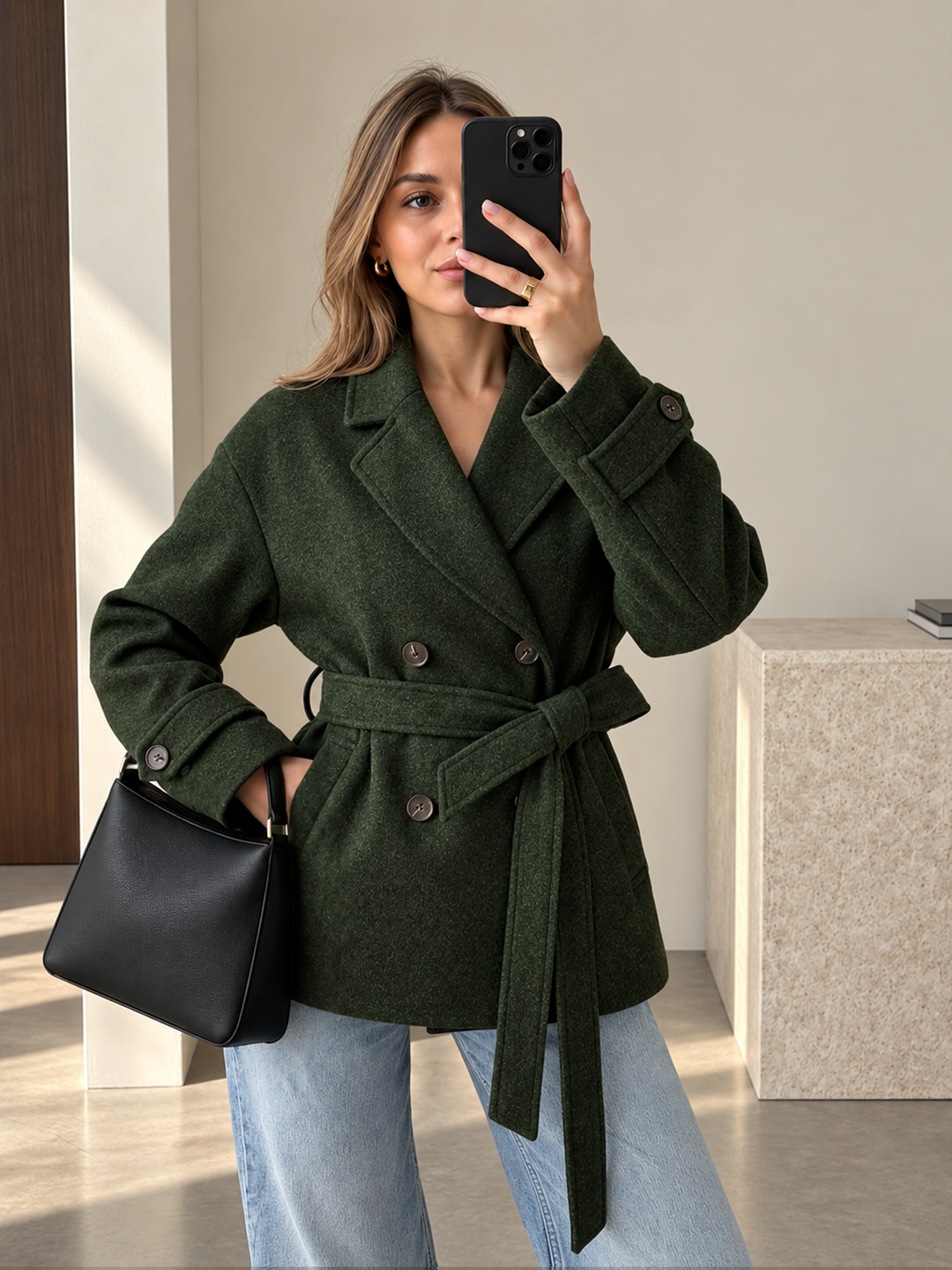 Belted Double‑Breasted Coat — women's wool coats, front view