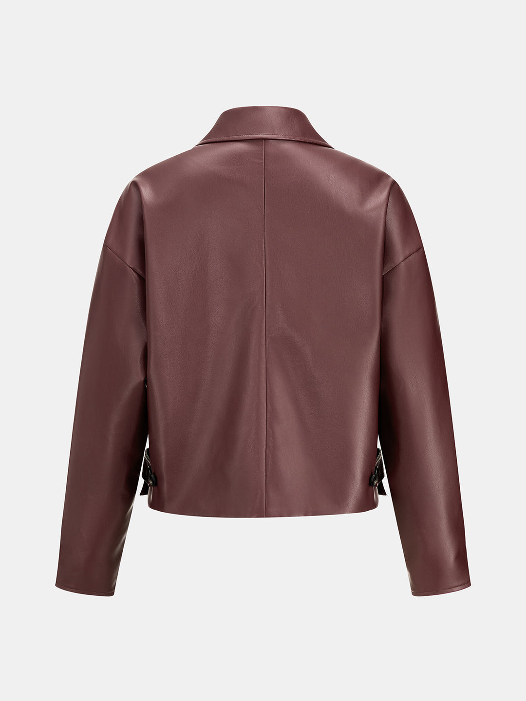 Back view of the boxy wine faux leather jacket with centre seam