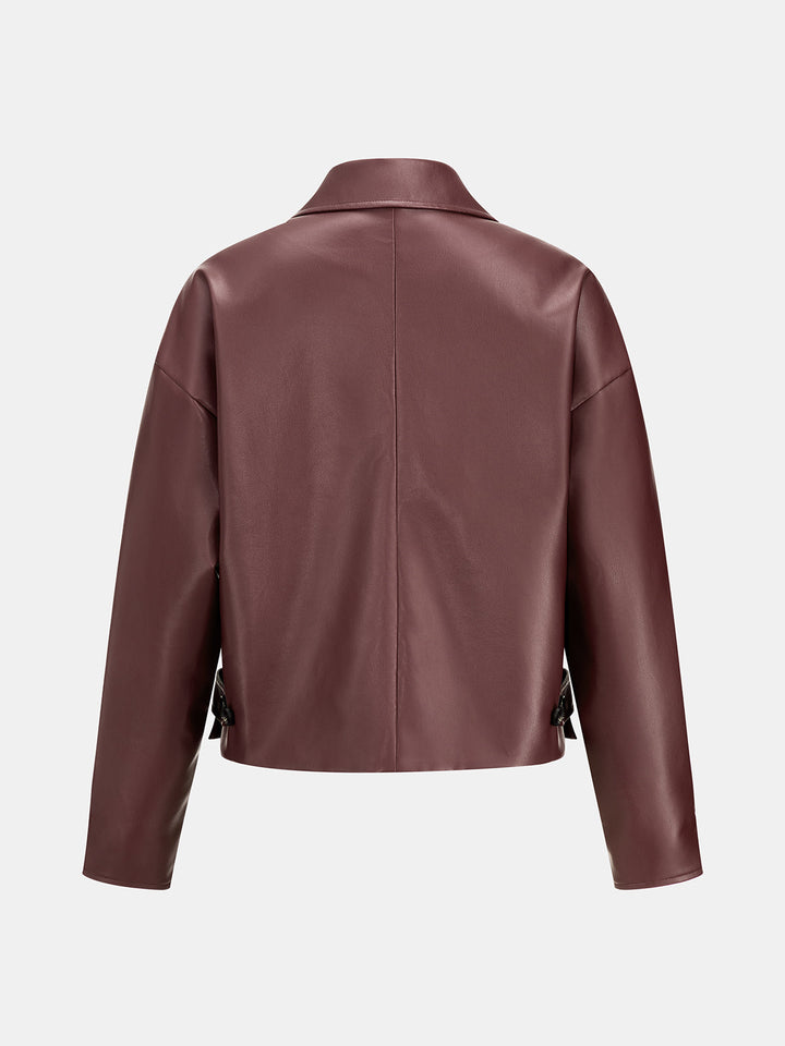 Back view of the boxy wine faux leather jacket with centre seam