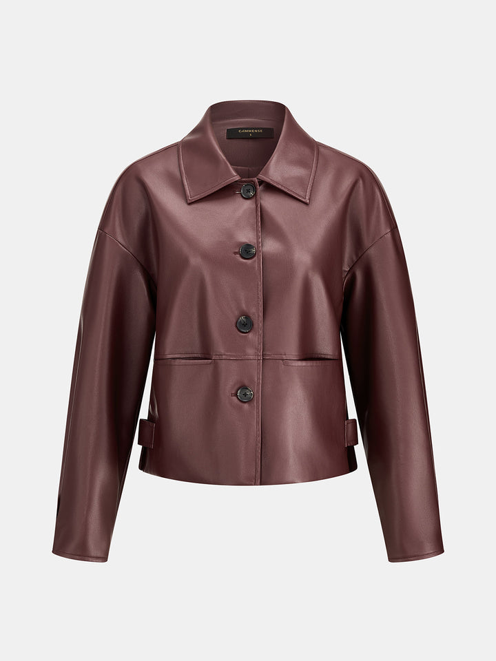 Front product view of relaxed burgundy faux leather jacket with point collar and three buttons