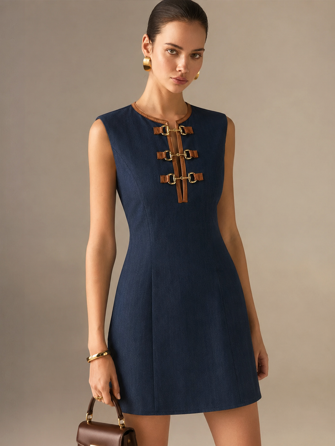Faux Leather Piping Horsebit Decor Mini Dress — women's dresses, front view