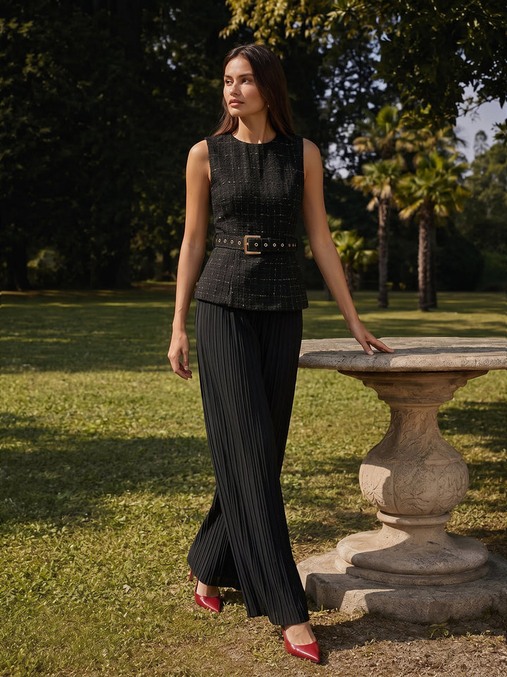 Belted Tweed Vest & Pleated Pants Set - women's two-piece trouser set, styled with heels