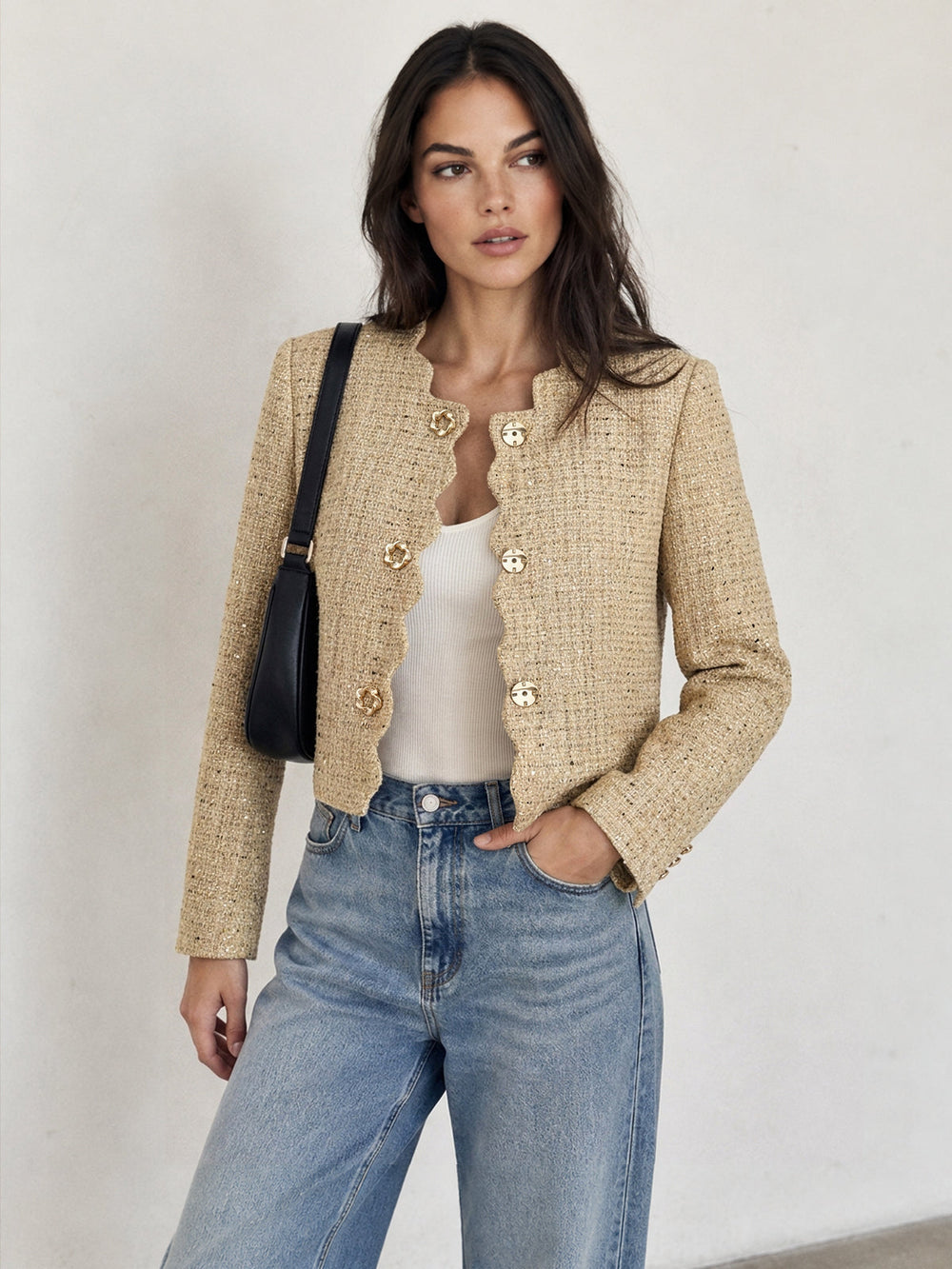 Scallop Edge Sequin Tweed Cropped Jacket — women's blazers, back view