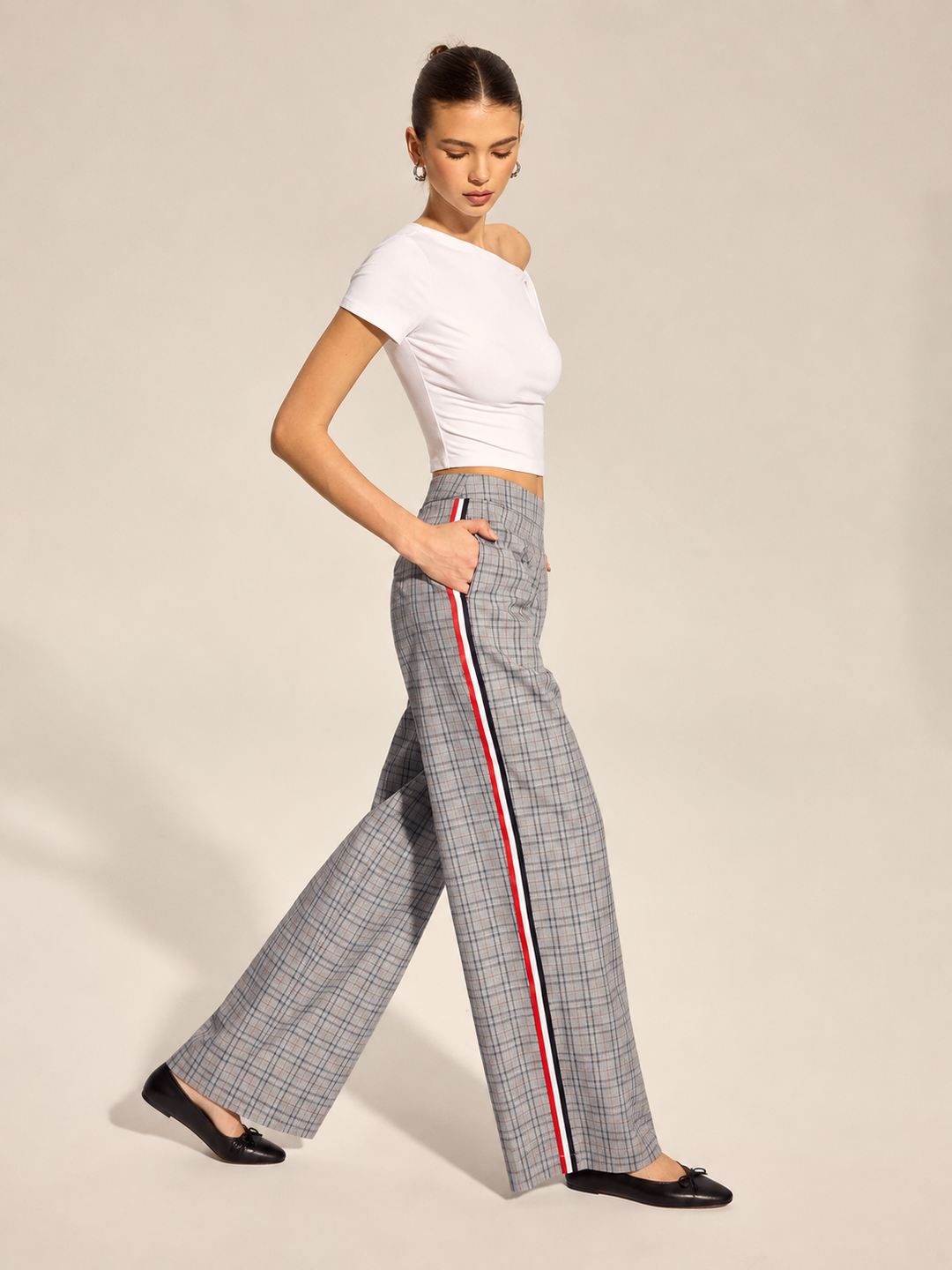Plaid Side Stripe Straight Leg Pants — women's pants, front view