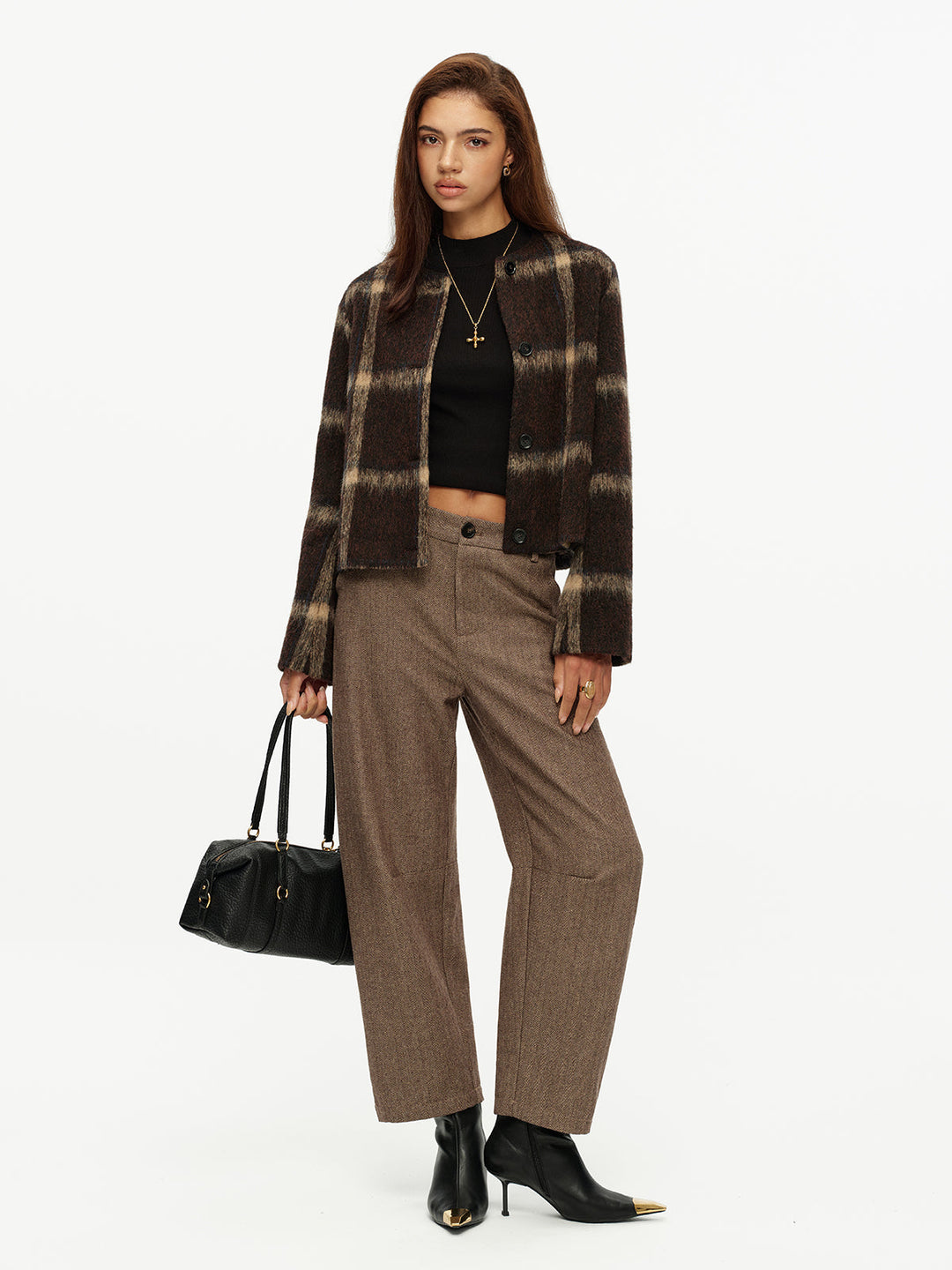 Plaid High Wool Blend Crop Jacket