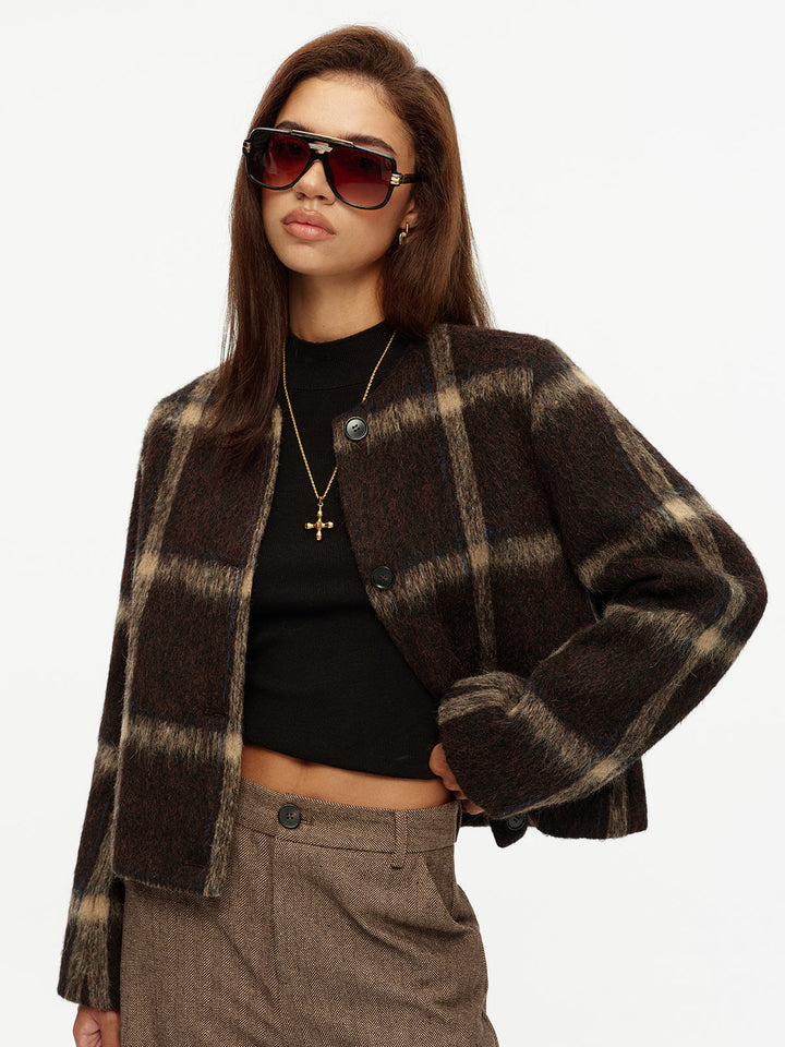 Plaid High Wool Blend Crop Jacket