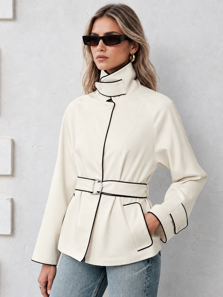 Contrast Piping Belted Short Trench - women's trench coat, full-length styled look