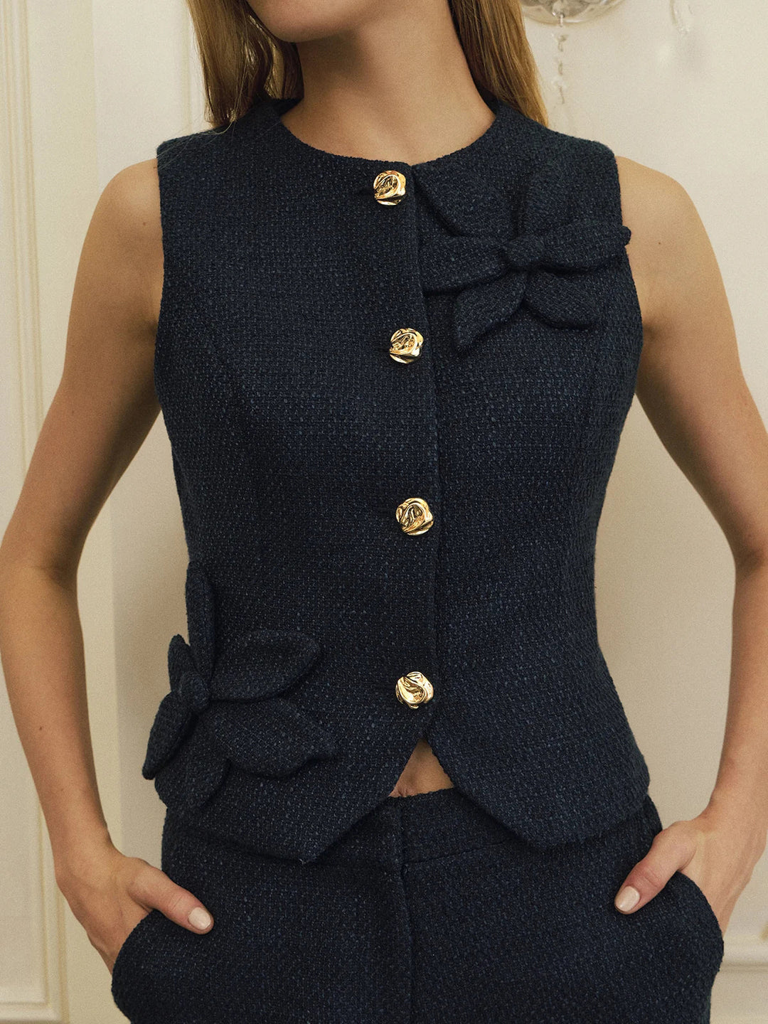 3D Floral Appliqué Tweed Metal Button Vest — women's vests, front view