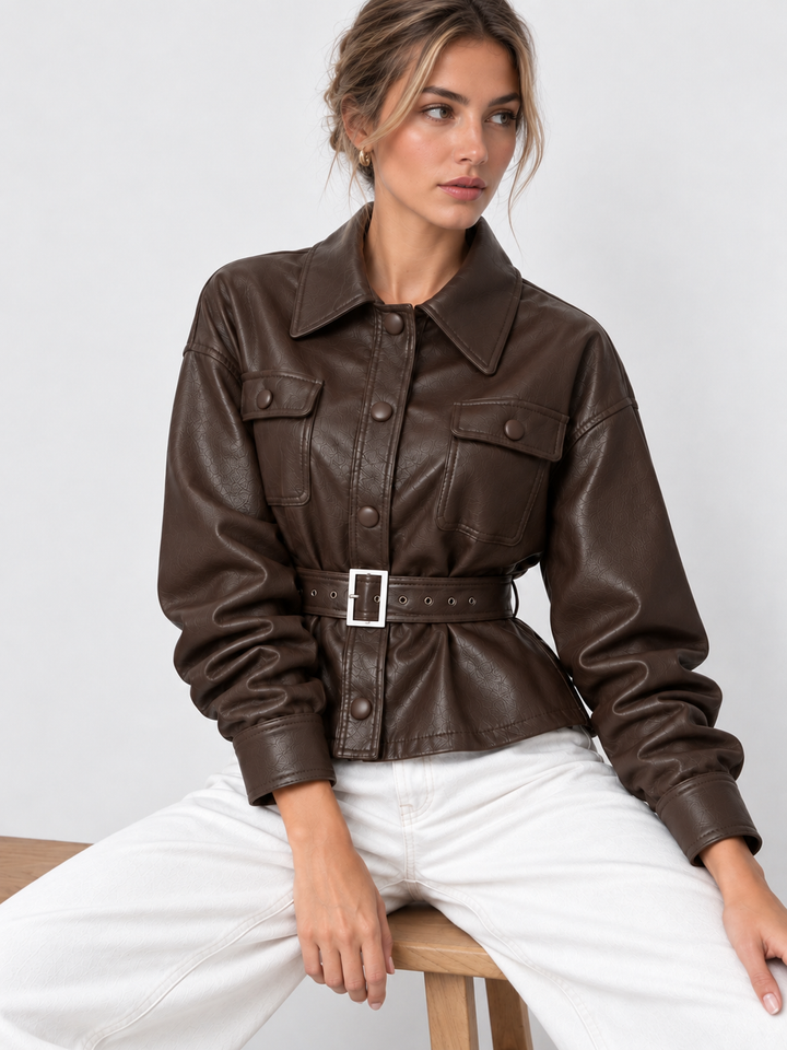 Model in brown belted faux leather utility jacket with white wide-leg jeans, seated