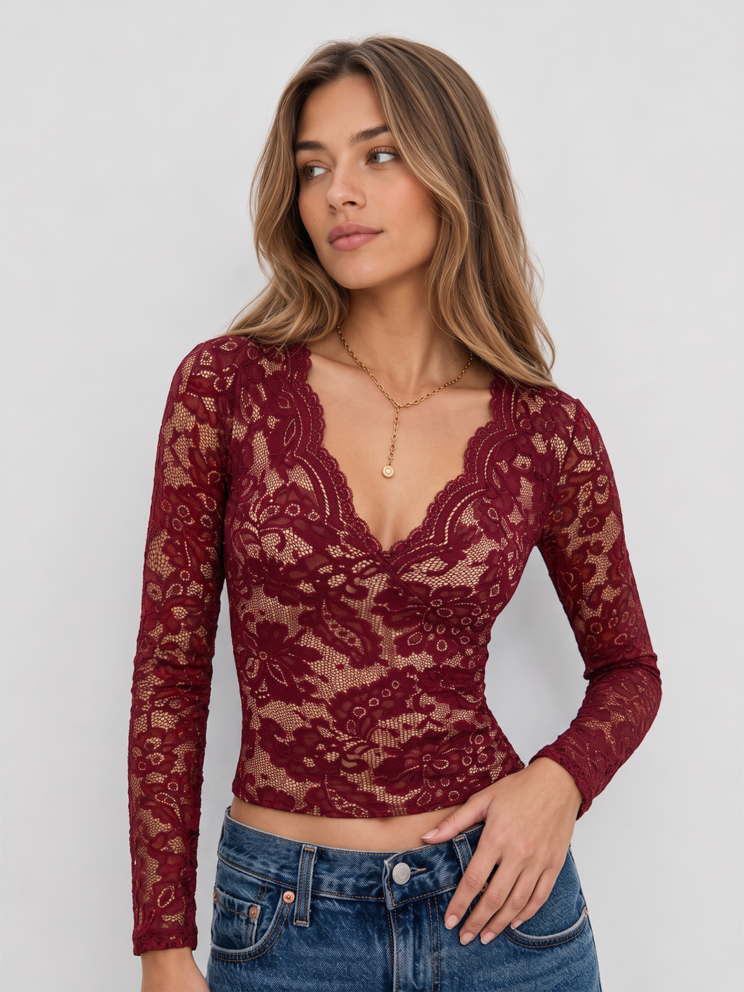 Floral Lace Deep V-Neck Long Sleeve Top