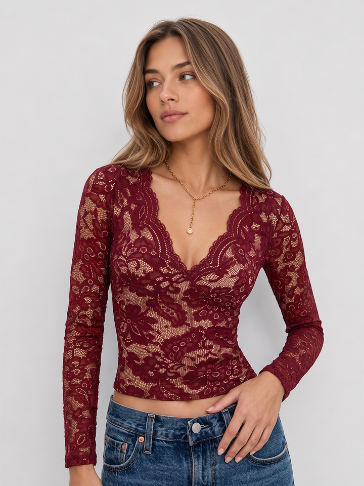 Floral Lace Deep V-Neck Long Sleeve Top