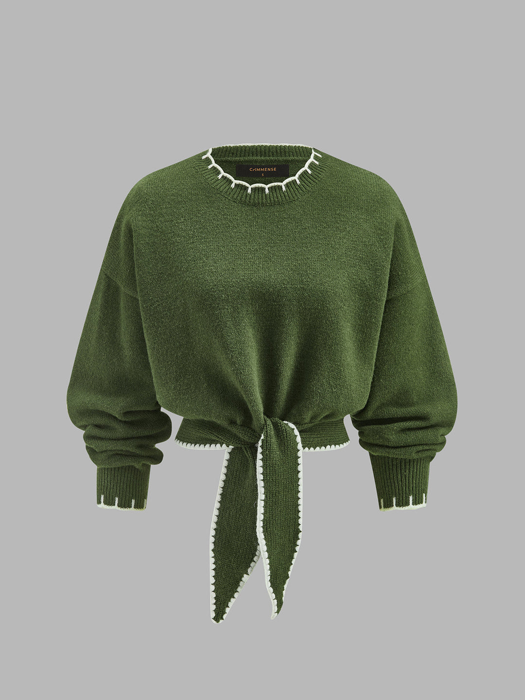 Contrast Trim Tie-Front Cropped Knit Sweater - women's sweater, back view