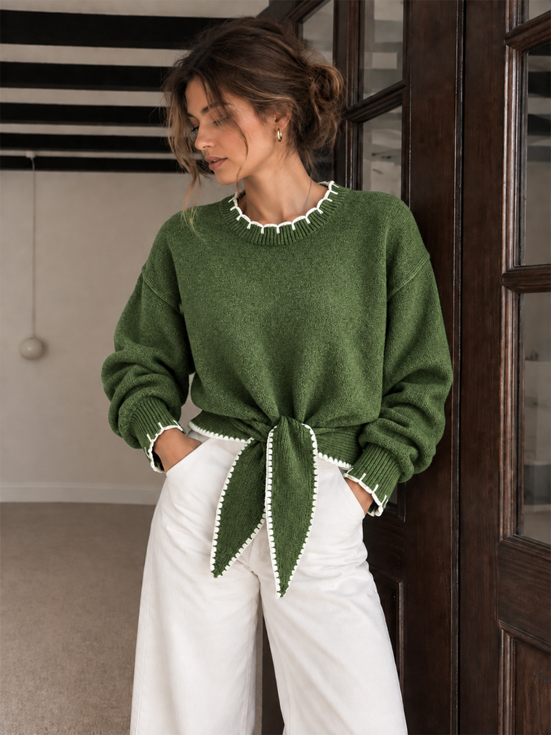 Contrast Trim Tie-Front Cropped Knit Sweater
