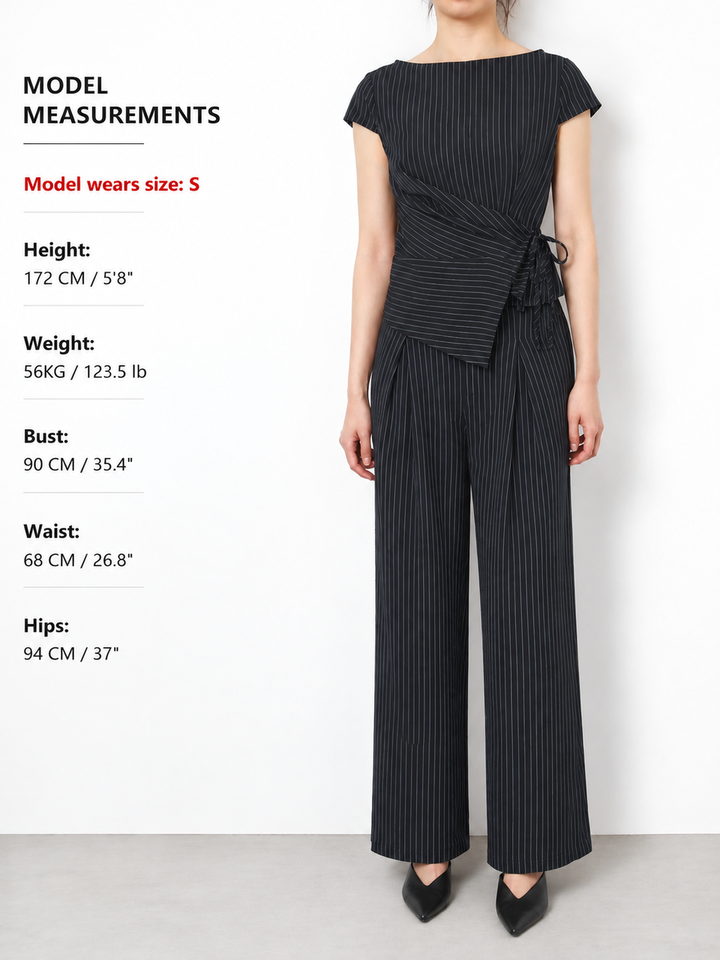 Pinstripe Wrap Tie Top & Wide-Leg Pants Set - women's two-piece trouser set, detail close-up