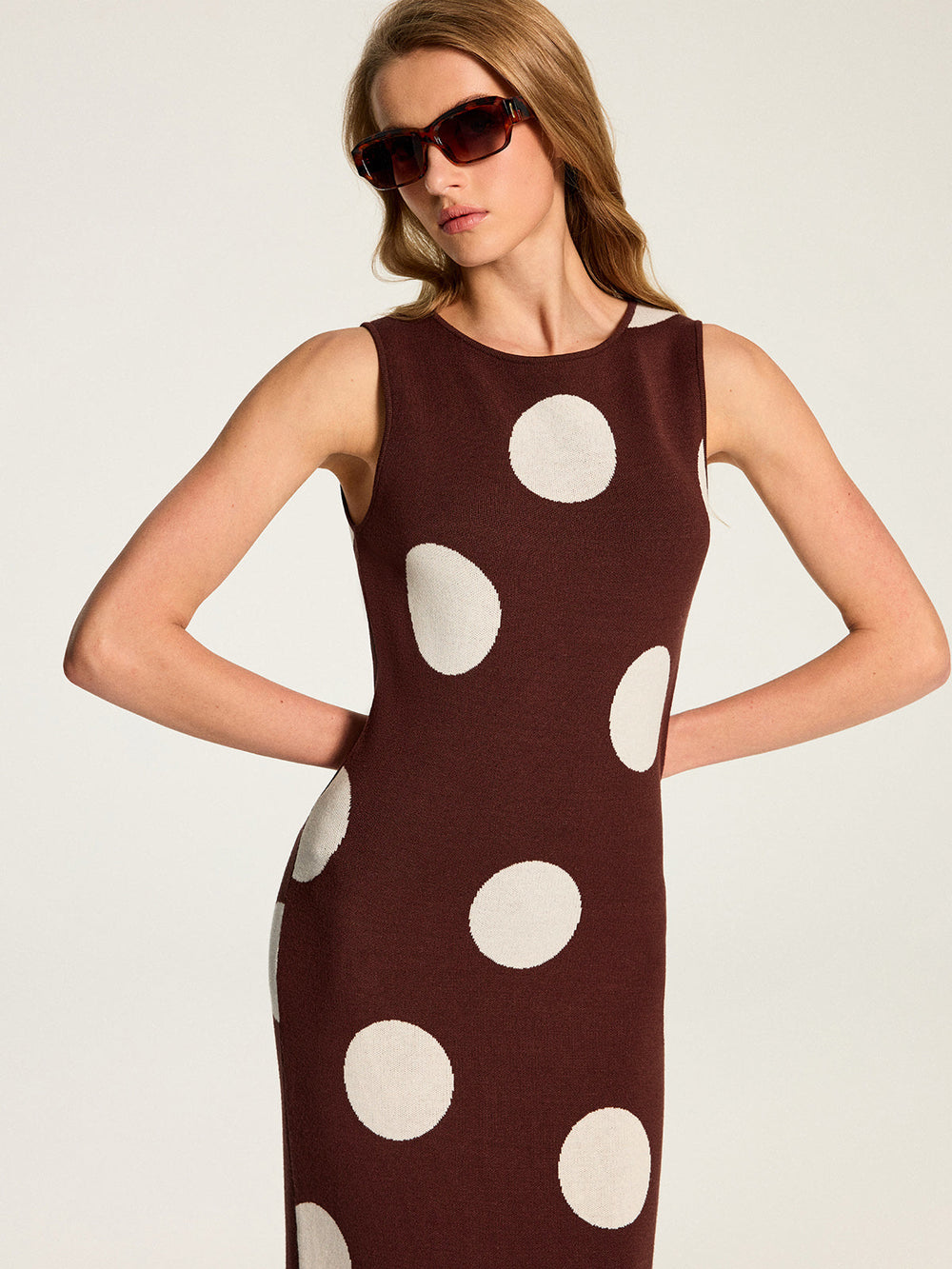 Large Polka Dot Sleeveless Knit Maxi Dress — women's sweater dresses, back view