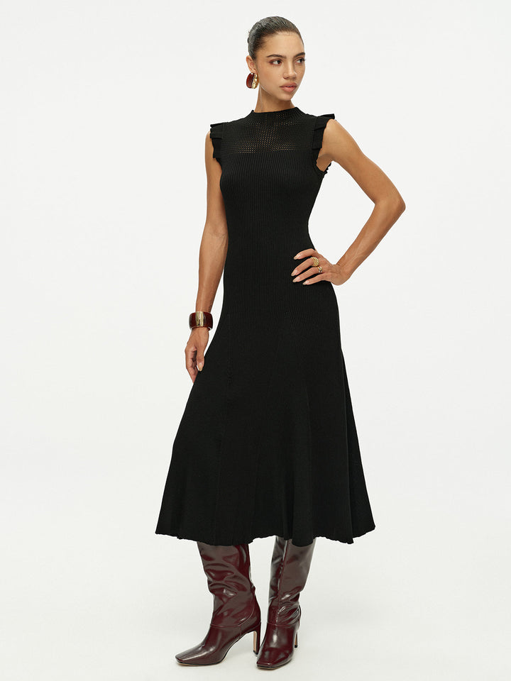 Pointelle Frill Armhole Knit Midi Dress