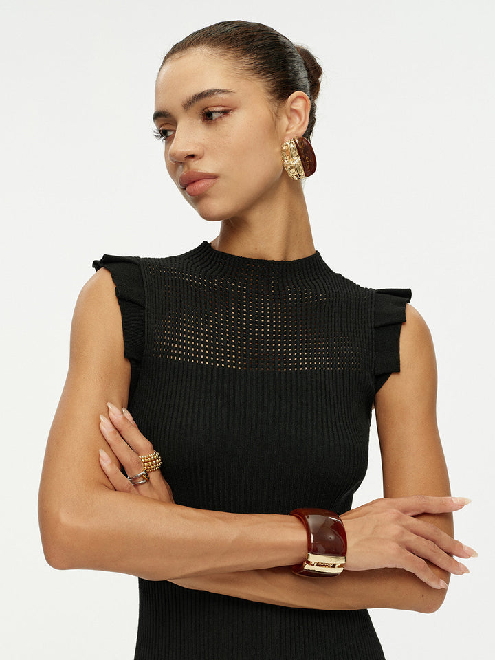 Pointelle Frill Armhole Knit Midi Dress