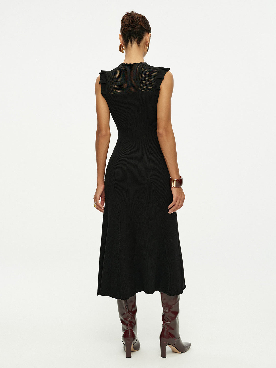 Pointelle Frill Armhole Knit Midi Dress
