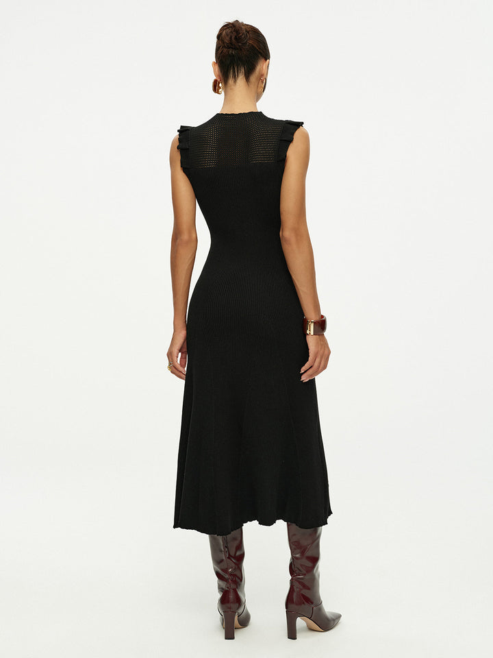 Pointelle Frill Armhole Knit Midi Dress